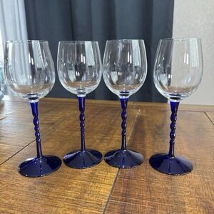 Set of 4 Crystal d'Arques Durand ANGELIQUE Cobalt Blue Twisted Stem Wine Glasses